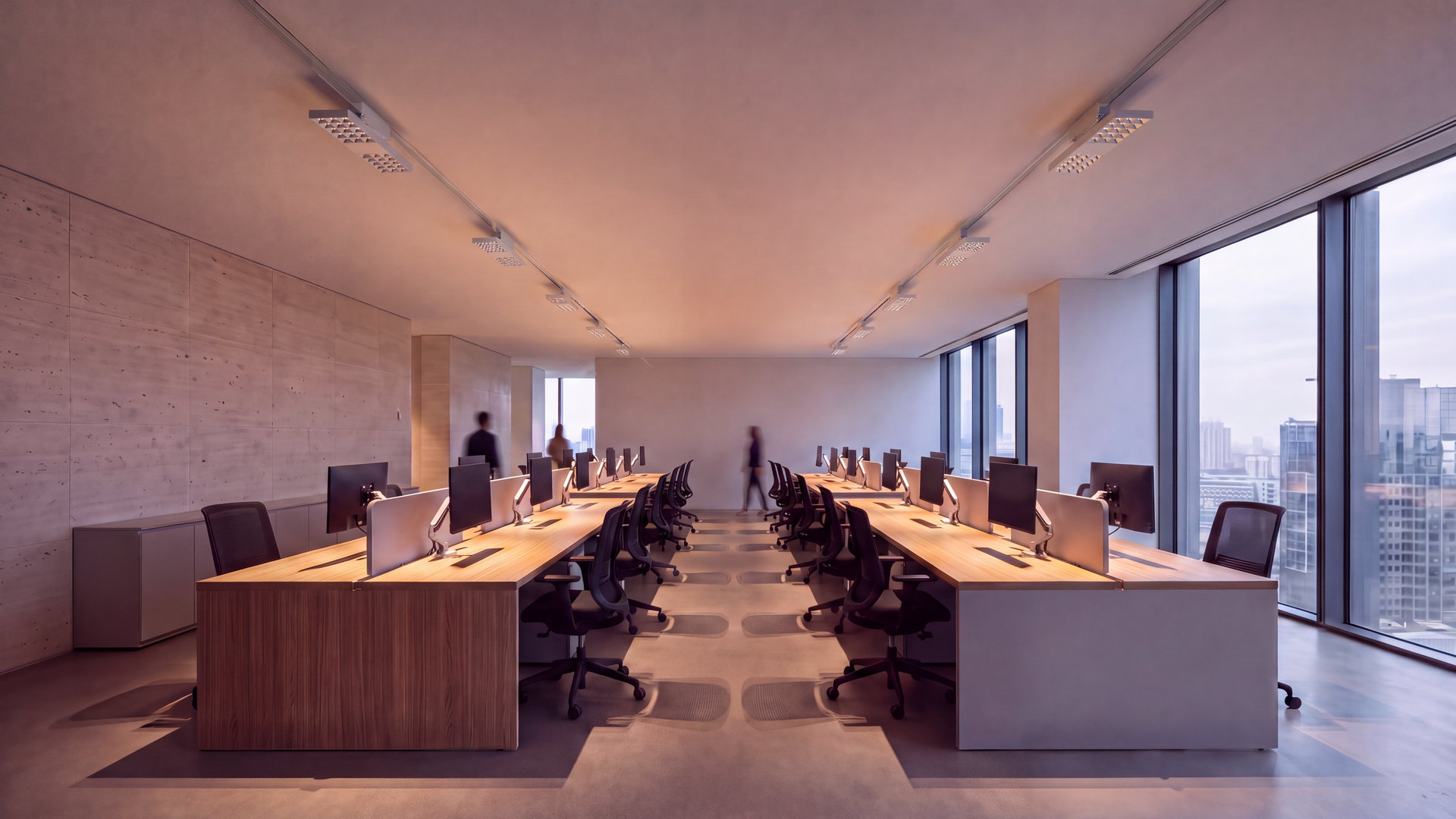 ATLAS em trilho branco sobre as bancadas de um escritório corporativo