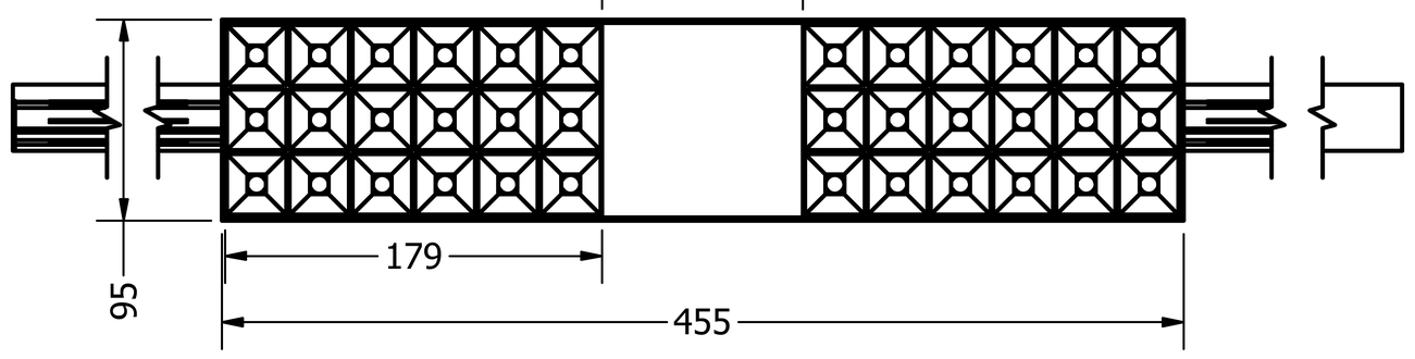 Desenho técnico da ATLAS Duo 03 em planta: 455 mm de comprimento por 95 mm de largura, dois blocos de 179 mm com vão central de 95 mm