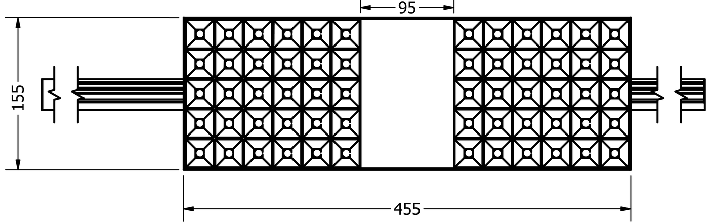 Desenho técnico da ATLAS Duo 05 em planta: 455 mm de comprimento por 155 mm de largura, dois blocos com vão central de 95 mm