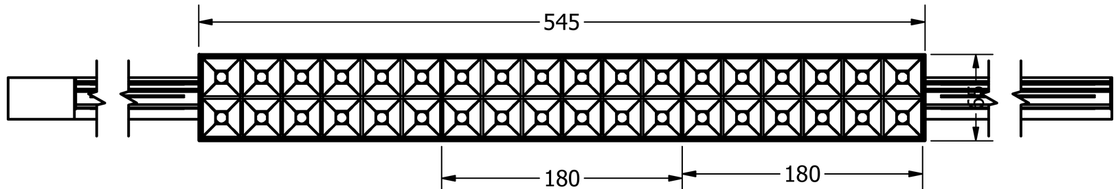 Desenho técnico da ATLAS Slim em planta: 545 mm de comprimento por 65 mm de largura, duas fileiras de células e dois módulos de 180 mm