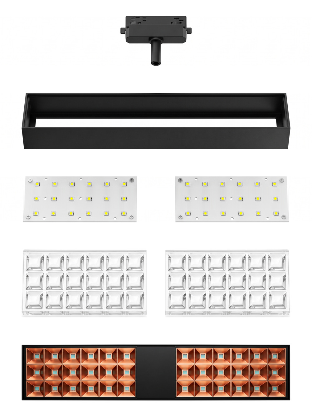 Vista explodida da ATLAS: adaptador de trilho, corpo, placa LED, bloco de lentes e grade de refletores em cobre